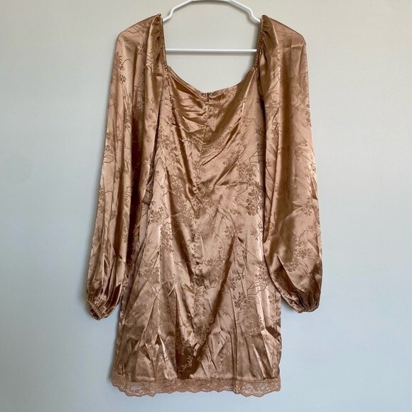 Shein Jacquard Satin Lantern Long Sleeve Mini Dress Gold Size Medium - Picture 4 of 9
